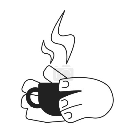 Illustration for Holding coffee cup cartoon hands outline illustration. Mug beverage. Cup of tea breakfast 2D isolated black and white vector image. Break time. Holding coffee mug flat monochromatic drawing clip art - Royalty Free Image