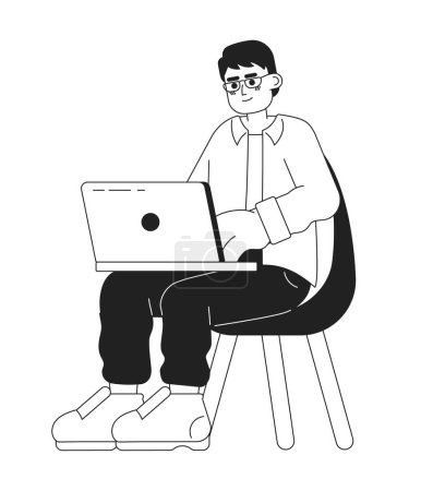 Illustration for Eyeglasses man sitting in chair with laptop black and white 2D cartoon character. Asian male freelancer typing notebook isolated vector outline person. Programmer monochromatic flat spot illustration - Royalty Free Image