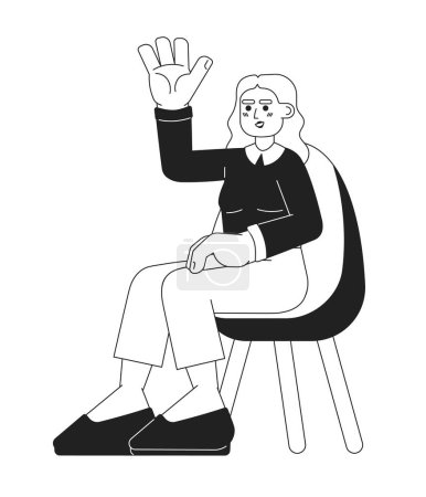 Ilustración de Mujer joven de Oriente Medio levantando la mano en blanco y negro personaje de dibujos animados 2D. Participante del webinar femenino aislado vector contorno persona. Conferencia oyente chica monocromática plana punto ilustración - Imagen libre de derechos
