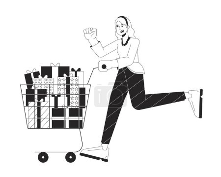 Illustration for Excited woman pushing shopping cart black and white 2D line cartoon character. Black friday girl isolated vector outline person. Holding shopping trolley presents monochromatic flat spot illustration - Royalty Free Image