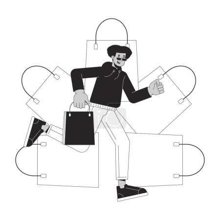 Cyber lunes de vacaciones shopper blanco y negro personaje de dibujos animados de línea 2D. Hombre latinoamericano corriendo apresuradamente aislado vector contorno persona. Viernes negro locura monocromática plana punto ilustración