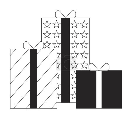 Ilustración de Cajas de regalo de sobresueldo de cumpleaños blanco y negro 2D línea de dibujos animados objeto. Viernes Negro vacaciones ofertas elemento contorno vectorial aislado. Premios promocionales. Regalos Navidad monocromático plano punto ilustración - Imagen libre de derechos
