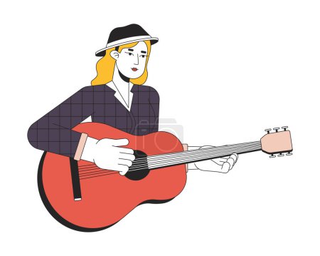 Illustration for Guitarist girl plucking strings on acoustic guitar 2D linear cartoon character. European woman holding instrument isolated line vector person white background. Performer color flat spot illustration - Royalty Free Image