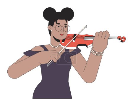 Ilustración de Violinista femenina negra tocando instrumento musical personaje de dibujos animados lineales 2D. Afro americano joven mujer aislado línea vector persona blanco fondo. Violín jugador color plano punto ilustración - Imagen libre de derechos