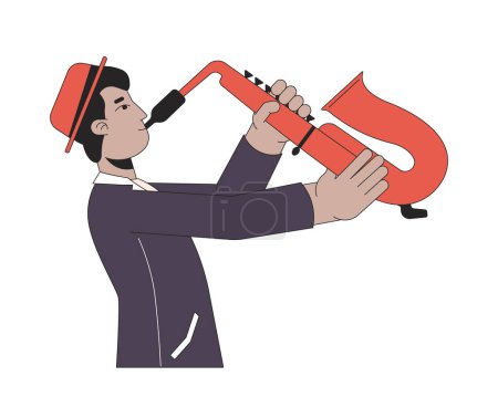 Illustration for Indian young adult jazzman 2D linear cartoon character. South asian male holding musical instrument isolated line vector person white background. Saxophone player color flat spot illustration - Royalty Free Image