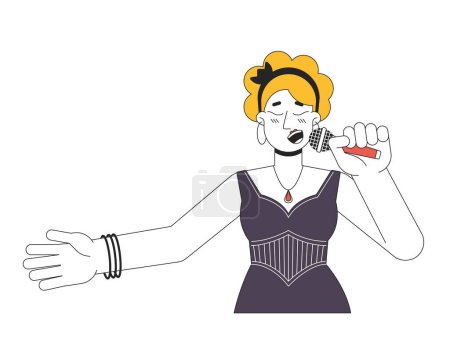 Illustration for Caucasian female singer vocalist holding microphone 2D linear cartoon character. European adult woman isolated line vector person white background. Concert singing color flat spot illustration - Royalty Free Image