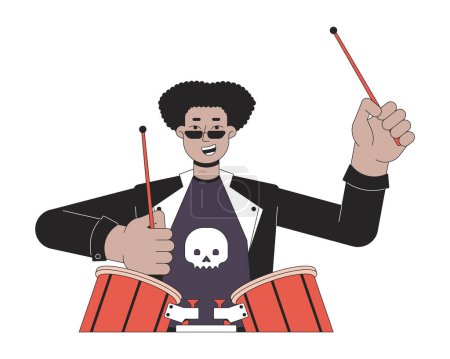 Illustration for Sunglasses drummer artist holding drumsticks 2D linear cartoon character. Drums playing african american man rockstar isolated line vector person white background. Color flat spot illustration - Royalty Free Image