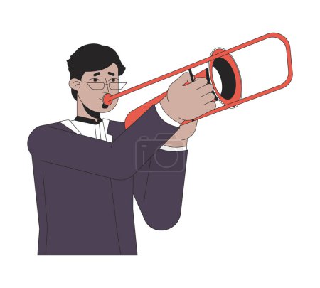 Illustration for Eyeglasses indian man playing trombone 2D linear cartoon character. Trombonist guy holding instrument isolated line vector person white background. Jazz instrumentalist color flat spot illustration - Royalty Free Image