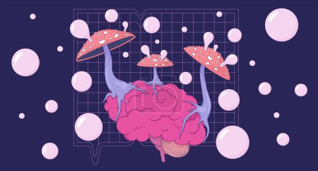 Illustration for Blowing bubbles trippy mushrooms on brain lofi wallpaper. Fungus fly agaric affecting organ 2D scene cartoon flat illustration. Hallucinogenic chill vector art, lo fi aesthetic colorful background - Royalty Free Image
