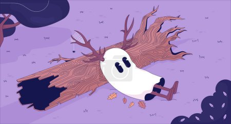Illustration for Cute ghost in melancholy autumn forest lofi wallpaper. Friendly spirit with deer antlers 2D character cartoon flat illustration. Fallen tree trunk chill vector art, lo fi aesthetic colorful background - Royalty Free Image