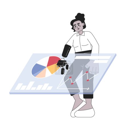 Ilustración de Mujer negra del brazo protésico tocando el tablero de análisis personaje de dibujos animados 2D en blanco y negro. Prótesis femenina aislado vector contorno persona. Estudio de mercado ilustración plana monocromática - Imagen libre de derechos