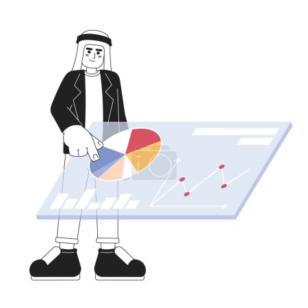 Ilustración de Hombre saudí tocando el tablero de análisis de marketing personaje de dibujos animados 2D en blanco y negro. Adulto saudí macho recopilación de datos aislados contorno de la persona. Estudio de mercado ilustración plana monocromática - Imagen libre de derechos