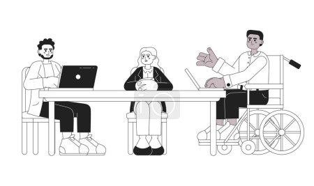 Illustration for Boardroom meeting multicultural black and white cartoon flat illustration. Diverse leaders discussing linear 2D characters isolated. Brainstorming. Inclusive workplace monochromatic scene vector image - Royalty Free Image