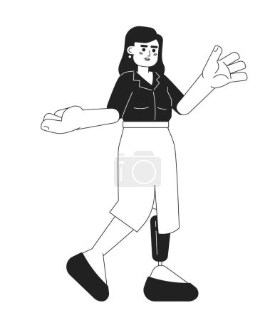 Illustration for Caucasian adult woman prosthesis leg gesticulating black and white 2D cartoon character. Disabled female office worker casual isolated vector outline person. Monochromatic flat spot illustration - Royalty Free Image