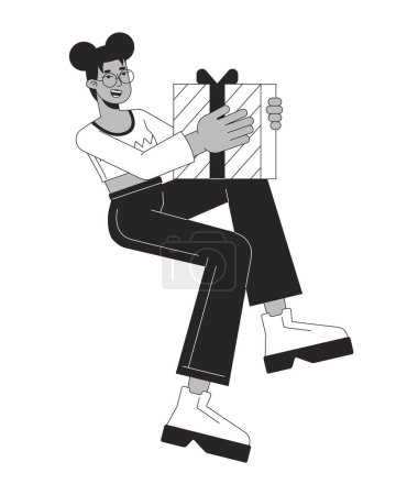 Illustration for African american female happy holding gift black and white 2D line cartoon character. Black woman getting thank you present isolated vector outline person. Joy monochromatic flat spot illustration - Royalty Free Image
