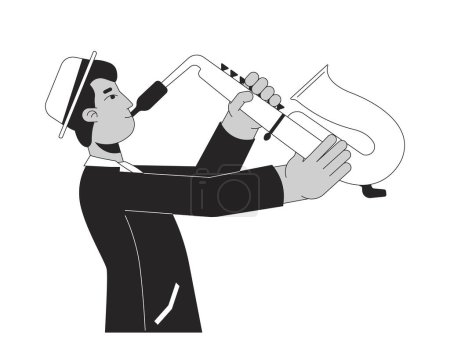 Illustration for Indian young adult jazzman black and white 2D line cartoon character. South asian male holding musical instrument isolated vector outline person. Saxophone player monochromatic flat spot illustration - Royalty Free Image