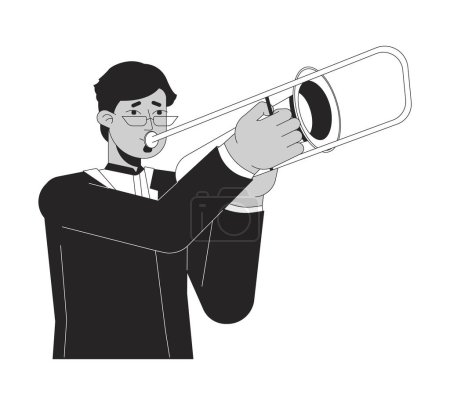 Téléchargez les illustrations : Lunettes de vue homme indien jouant trombone noir et blanc personnage de dessin animé ligne 2D. Tromboniste détient instrument isolé contour vectoriel personne. Illustration de spot plat monochromatique instrumentiste jazz - en licence libre de droit