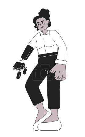 Illustration for African american woman with prosthetic arm pointing finger black and white 2D cartoon character. Black female prosthesis hand isolated vector outline person. Monochromatic flat spot illustration - Royalty Free Image