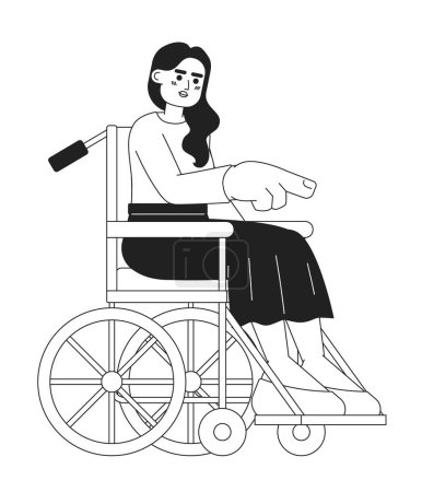 Illustration for Wheelchair young woman pointing with finger black and white 2D cartoon character. Indian young adult female with disability isolated vector outline person. Monochromatic flat spot illustration - Royalty Free Image
