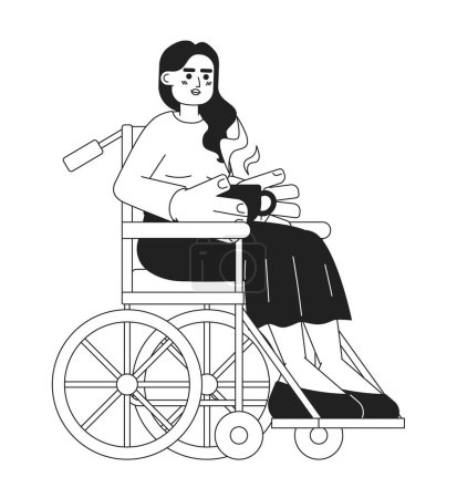 Illustration for Wheelchair young adult woman holding coffee cup black and white 2D cartoon character. Disabled indian female sitting in chair isolated vector outline person. Monochromatic flat spot illustration - Royalty Free Image