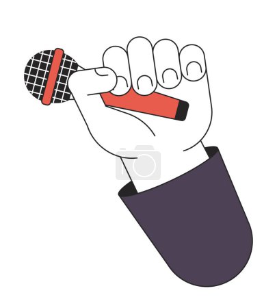 Ilustración de Sosteniendo ilustración de la mano del personaje de dibujos animados lineal micrófono. Cantando karaoke contorno 2D imagen vectorial, fondo blanco. Evento de pie. Sujeción de equipos de audio micrófono clipart de color plano editable - Imagen libre de derechos