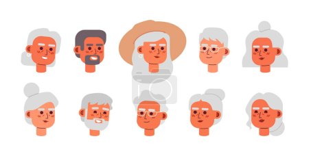 Ilustración de Ancianos feliz diverso vector 2D avatares paquete de ilustración. Mujeres mayores, rostros de personajes de dibujos animados de hombres. Colección de iconos para personas mayores. Retiree adultos usuarios de color plano perfiles imágenes aisladas en blanco - Imagen libre de derechos
