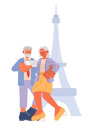 Illustration for Retired couple travel cartoon flat illustration. Retiree pensioners taking selfie 2D characters isolated on white background. Vacation elderly. Senior citizens eiffel tower scene vector color image - Royalty Free Image