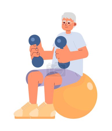 Illustration for Elderly exercise at home cartoon flat illustration. Senior curling dumbbells 2D character isolated on white background. Retiree man lifting weights. Older male workout gym scene vector color image - Royalty Free Image