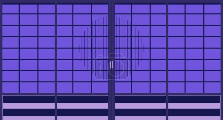 Ilustración de Tradicional japonés puertas con sol silueta 2D de dibujos animados de fondo. Puertas correderas de shoji colorido vector estético ilustración, nadie. Shoji pantallas de entrada plana línea de arte de fondo de pantalla, imagen lofi - Imagen libre de derechos