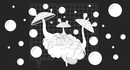 Illustration for Blowing bubbles trippy mushrooms on brain black and white lofi wallpaper. Fly agaric affecting organ 2D outline scene cartoon flat illustration. Hallucinogenic vector line lo fi aesthetic background - Royalty Free Image