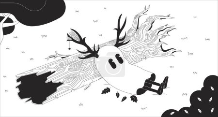 Ilustración de Fantasma lindo en melancólico bosque de otoño fondo de pantalla lofi blanco y negro. Espíritu con cuernos de ciervo 2D contorno personaje dibujo animado ilustración plana. Árbol caído tronco vector línea lo fi fondo estético - Imagen libre de derechos