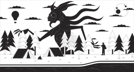 Illustration for Creepy woods camping site black and white lofi wallpaper. Walking forest monster at campfire 2D outline scene cartoon flat illustration. River campsite nightmare vector line lo fi aesthetic background - Royalty Free Image