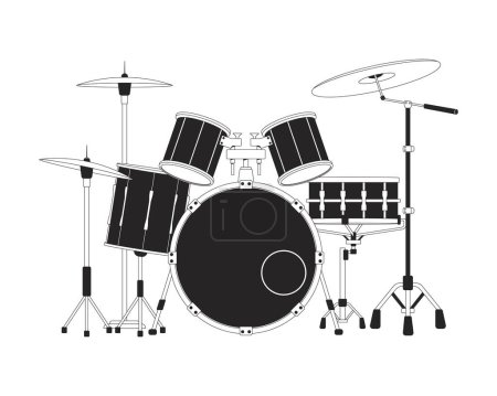 Illustration for Drum set black and white 2D line cartoon object. Musical percussion instrument isolated vector outline item. Rehearsal session. Beating rhythm. Rock concert monochromatic flat spot illustration - Royalty Free Image