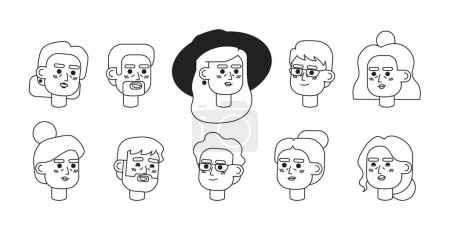 Illustration for Elderly happy diverse black and white 2D vector avatars illustration bundle. Senior women, men outline cartoon character people icons isolated. Retiree adult flat line users faces image collection - Royalty Free Image