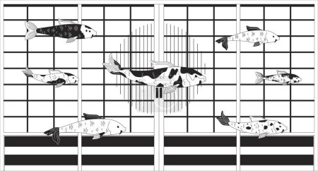 Illustration for Carp koi swimming in flooded house black and white lofi wallpaper. Traditional japanese door nishikigoi fish 2D outline characters cartoon flat illustration. Vector line lo fi aesthetic background - Royalty Free Image