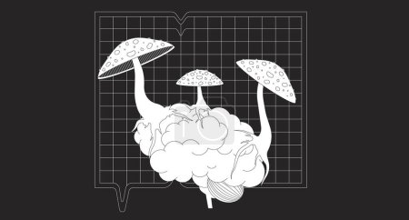 Illustration for Mushrooms fly agaric growing on brain outline 2D cartoon background. Psychedelic nature linear aesthetic vector illustration. Toxic toadstool brain control flat wallpaper art, monochromatic lofi image - Royalty Free Image