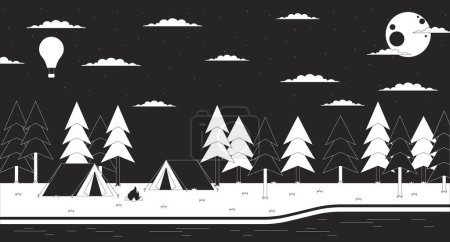 Illustration for Campground nature at night outline 2D cartoon background. Full moon trees. Dark woods. River campsite linear aesthetic vector illustration. Camp nighttime flat wallpaper art, monochromatic lofi image - Royalty Free Image