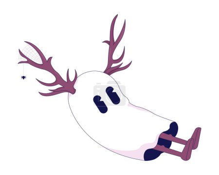 Ilustración de Lindo fantasma con cuernos de ciervo personaje de dibujos animados lineales 2D. Halloween espíritu amistoso con tela de araña aislado línea vector personaje fondo blanco. Kawaii fantasma flotador color plano punto ilustración - Imagen libre de derechos