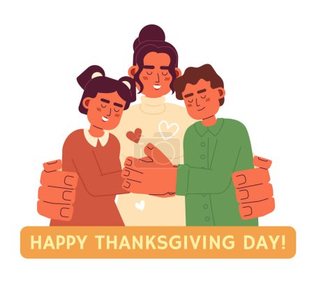 Illustration for Happy thanksgiving day family cartoon flat illustration. Latin kids mother 2D characters isolated on white background. Together traditional. Hispanic mom and children smiling scene vector color image - Royalty Free Image