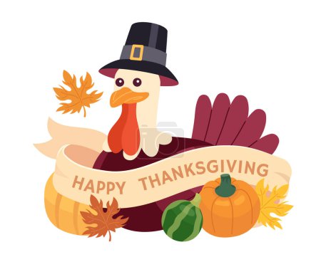 Illustration for Fall thanksgiving pilgrim turkey 2D illustration concept. Countryside bird isolated cartoon character, white background. American harvest festival celebration metaphor abstract flat vector graphic - Royalty Free Image