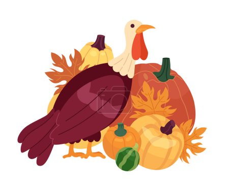 Illustration for Autumn turkey pumpkins cartoon flat illustration. Domestic bird 2D character isolated on white background. Thanks giving day. Hello november. Fall season. Harvest festival scene vector color image - Royalty Free Image