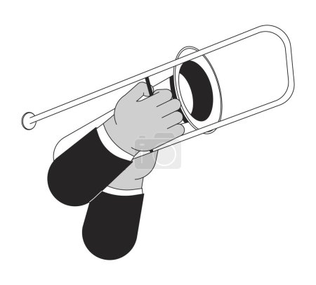 Illustration for Holding trombone cartoon human hand outline illustration. Playing orchestra musical instrument 2D isolated black and white vector image. Performing vibration sound flat monochromatic drawing clip art - Royalty Free Image