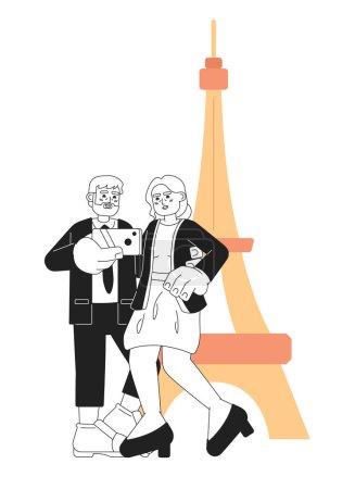Illustration for Retired couple travel black and white cartoon flat illustration. Retiree taking selfie linear 2D characters isolated. Vacation elderly. Senior citizens eiffel tower monochromatic scene vector image - Royalty Free Image