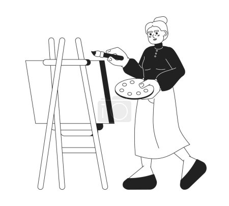 Illustration for Senior painting class on canvas black and white cartoon flat illustration. Retired artist woman holding paintbrush linear 2D character isolated. Painter mature lady monochromatic scene vector image - Royalty Free Image
