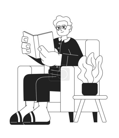 Illustration for Senior reading book black and white cartoon flat illustration. Elderly adult man armchair sitting with literature linear 2D character isolated. Bookworm pensioner monochromatic scene vector image - Royalty Free Image