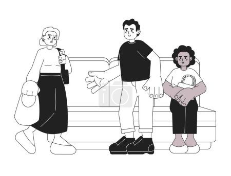 Illustration for Offering seat to elderly on public transport black and white cartoon flat illustration. Man giving up seat to senior linear 2D characters isolated. Priority seating monochromatic scene vector image - Royalty Free Image