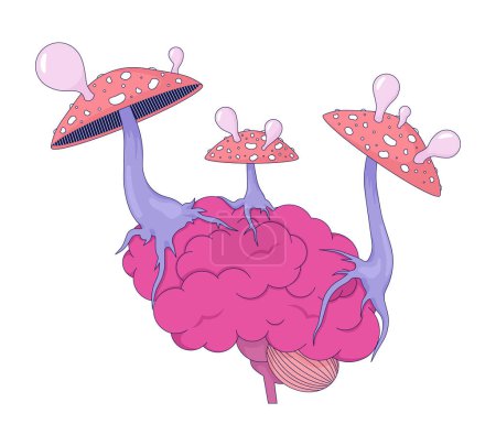 Hallucinogenic parasitic fungi growing on brain 2D linear illustration concept. Fungus amanita muscaria affecting mind cartoon object isolated on white. Metaphor abstract flat vector outline graphic