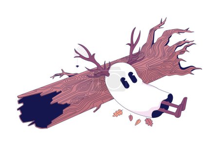 Illustration for Depressed cute ghost lying on tree trunk line cartoon flat illustration. Melancholy sad spirit with elk antlers 2D lineart character isolated on white background. Autumnal scene vector color image - Royalty Free Image