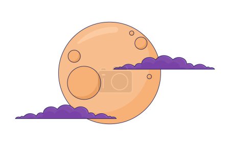 Illustration for Creepy full moon clouds 2D linear cartoon object. Halloween night isolated line vector element white background. Scary moon cloudy sky. Fantasy mystery. Moonlight evening color flat spot illustration - Royalty Free Image