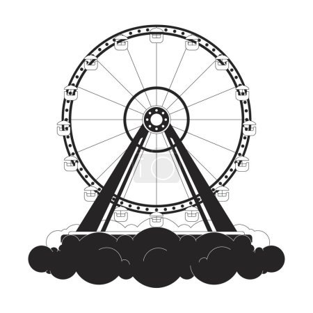 Illustration for Ferris wheel above clouds black and white 2D illustration concept. Park amusement cloudscape cartoon outline object isolated on white. Funfair ride on heaven sky metaphor monochrome vector art - Royalty Free Image